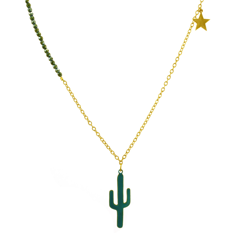 halsketting  cactus & star - candy teal + gold chain LAATSTE STUK
